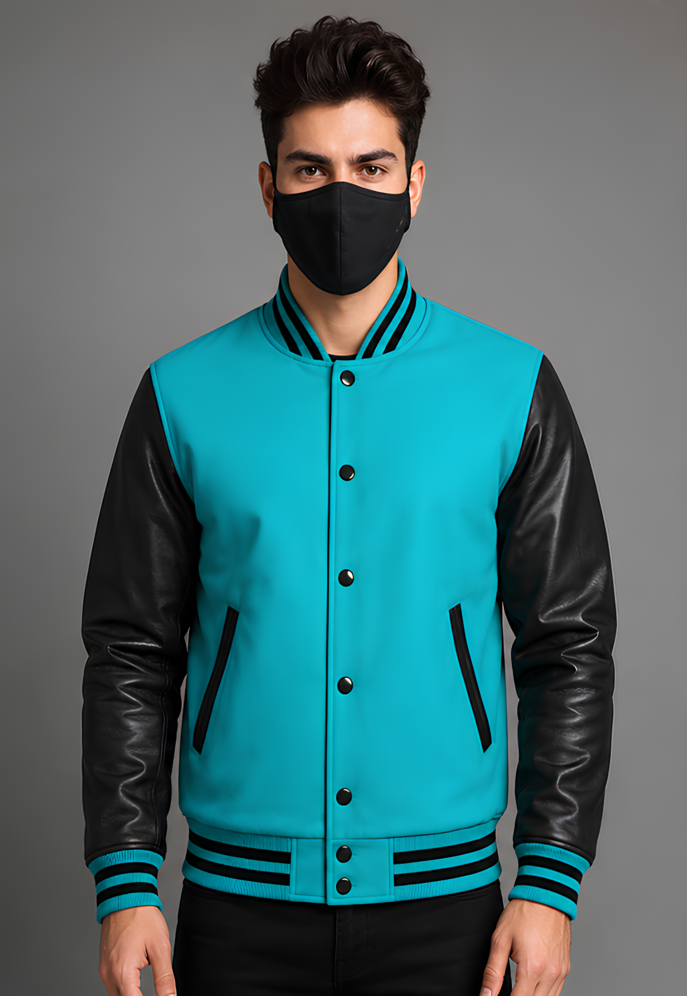 Person wearing a turquoise varsity jacket with black sleeves on a gray background