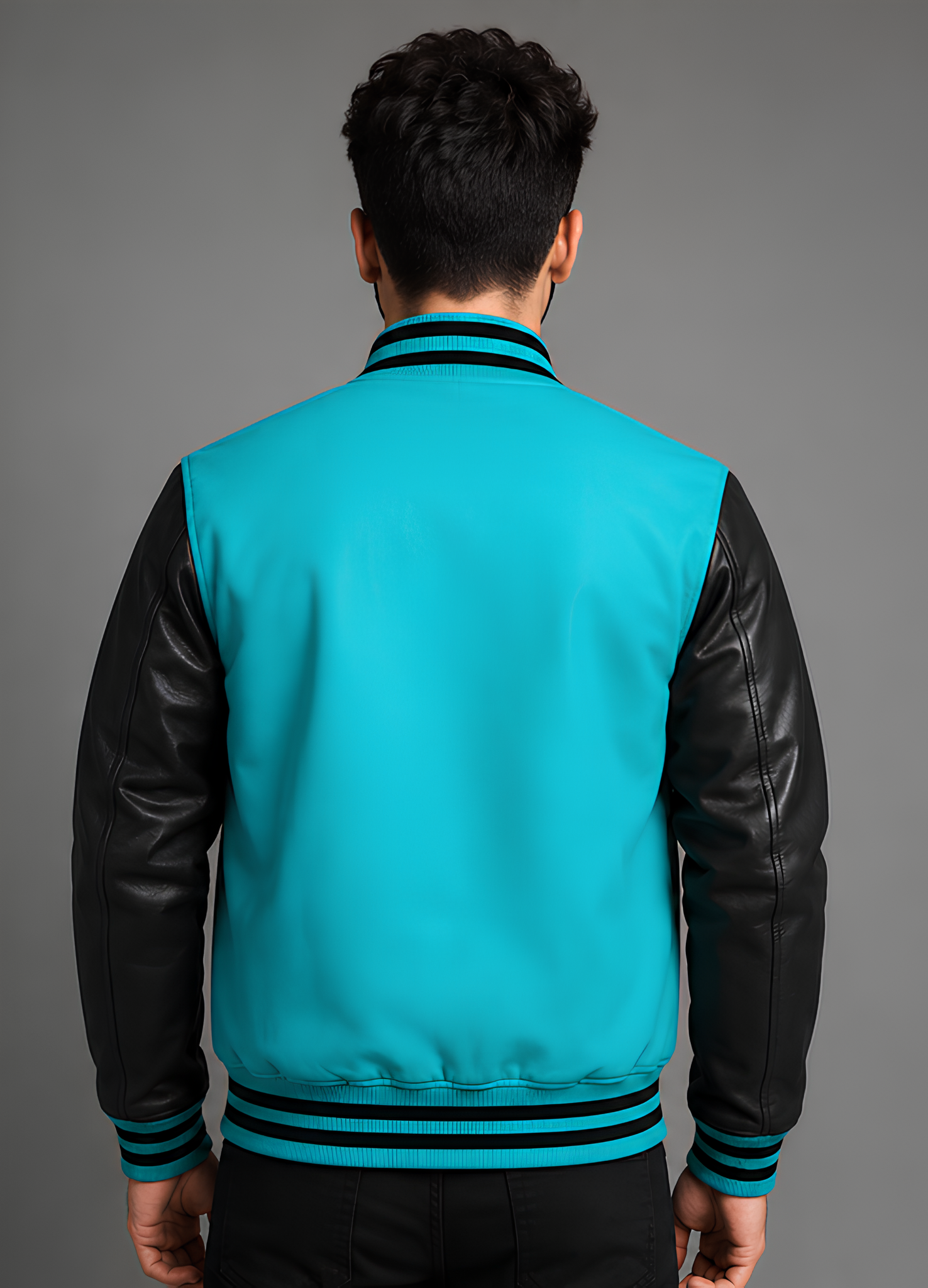 Person wearing a turquoise varsity jacket with black sleeves on a gray background
