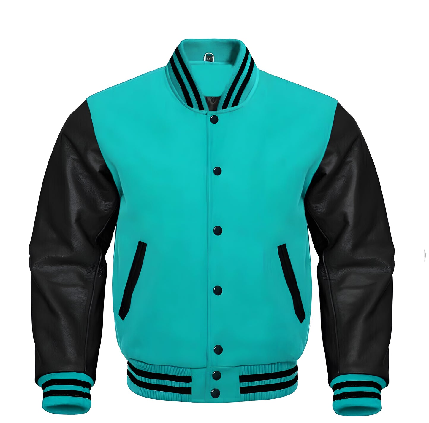 Turquoise and black varsity jacket on a white background