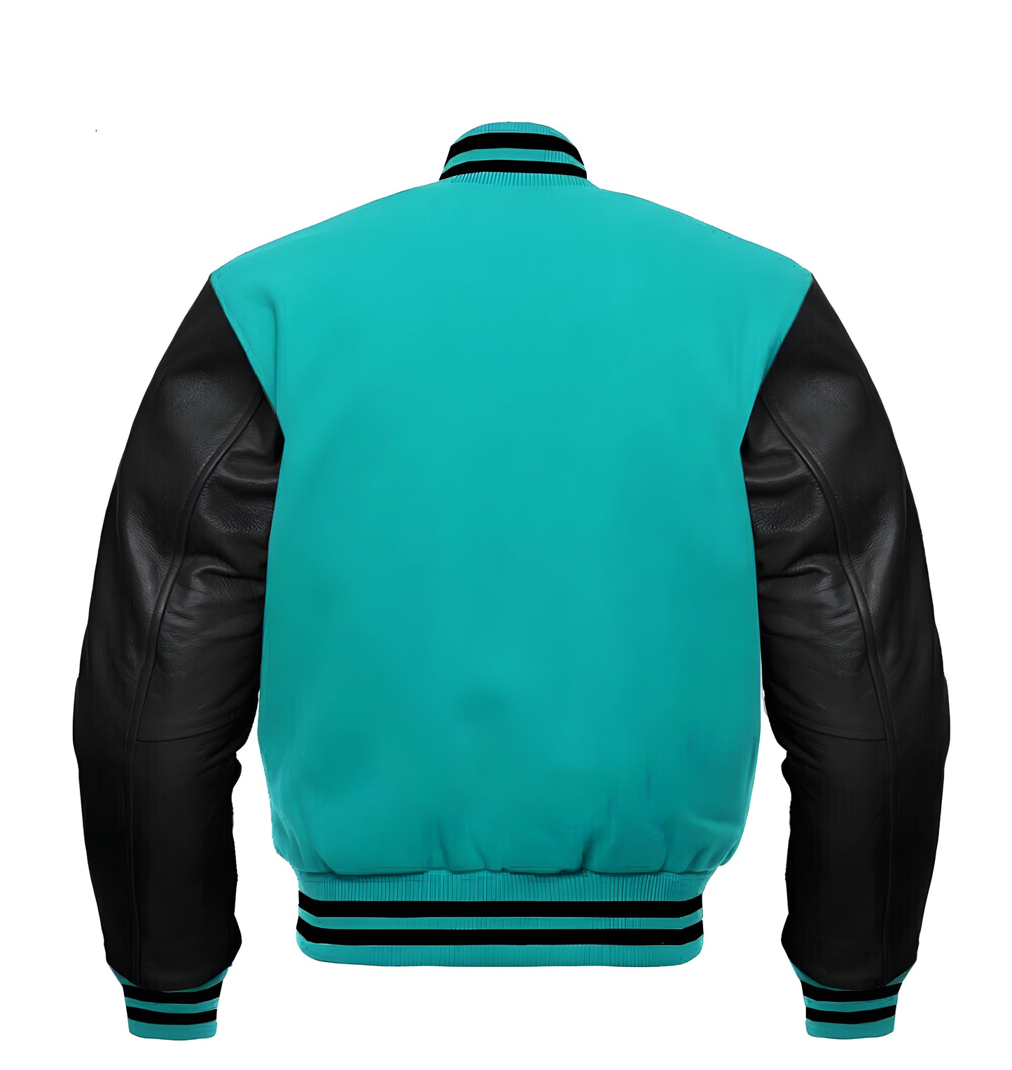 Turquoise varsity jacket with black leather sleeves on a white background