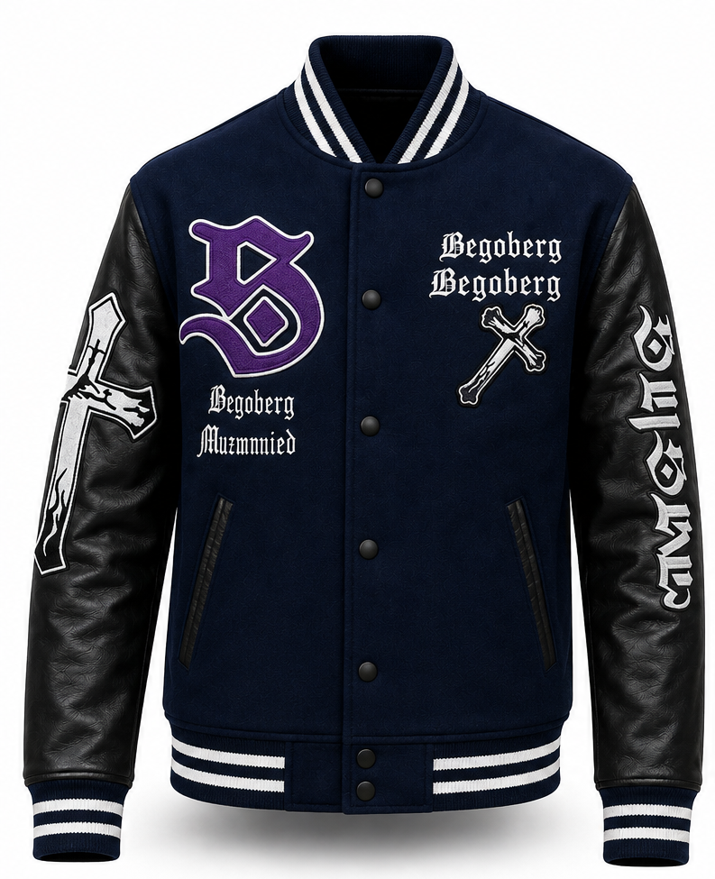 A varsity-style bomber jacket with a navy blue body, black leather sleeves, and a white striped ribbed collar, cuffs, and hem. The jacket features a purple gothic letter 'B' on the left chest, white gothic text reading 'Begoberg Begoberg' and 'Begoberg Muzmnied' on the right chest, a white cross embroidery on the right sleeve, and white gothic text running down the left sleeve.