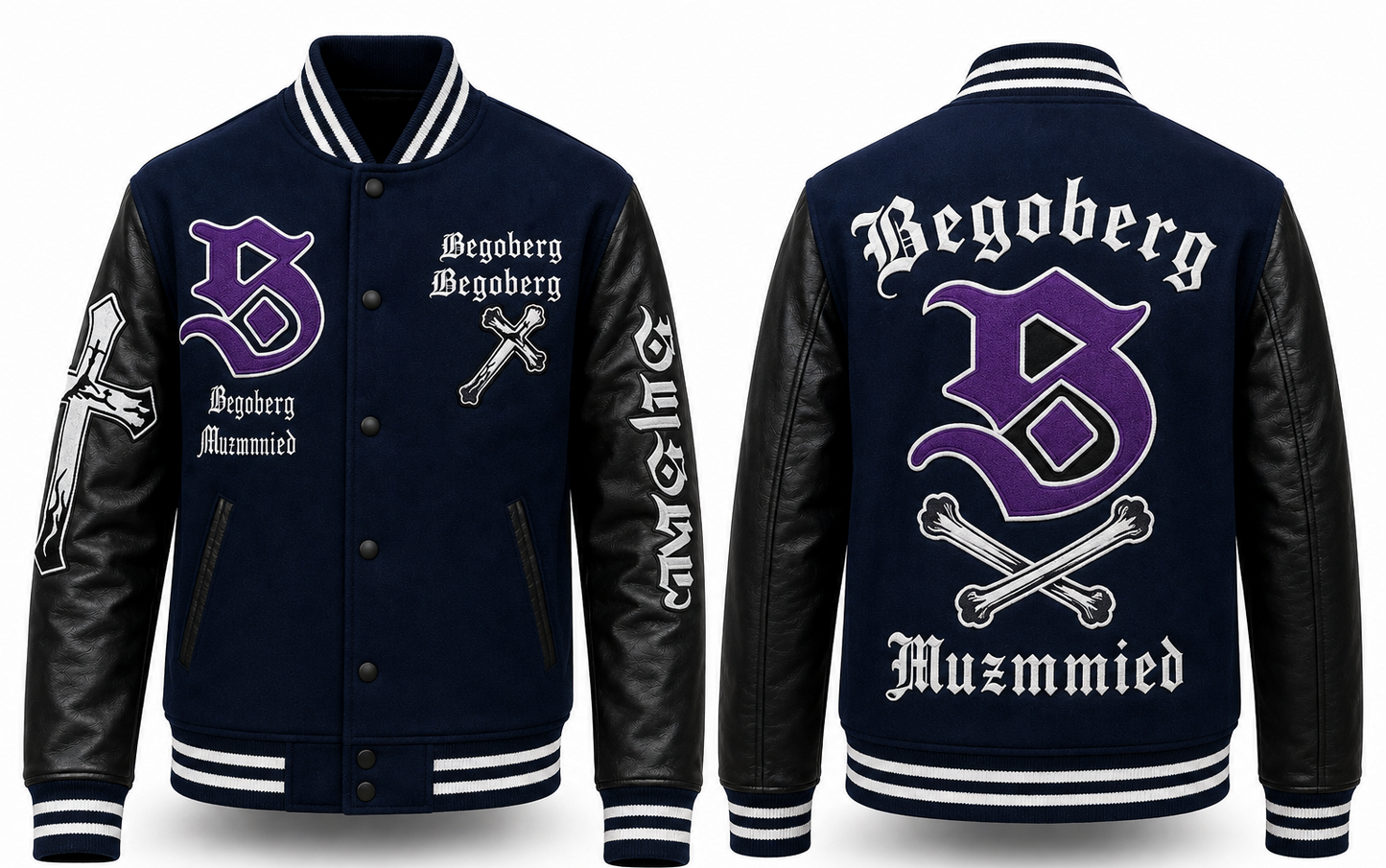 Front and back views of a custom varsity-style bomber jacket. The jacket features a dark navy blue body with black leather sleeves and collar, white ribbed trim, and prominent purple and white embroidery.
