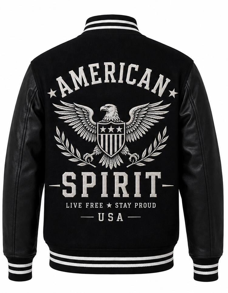 Black leather and fleece varsity jacket shown from the back, featuring a large white embroidery of an eagle, shield, and the words 'AMERICAN SPIRIT' with 'LIVE FREE * STAY PROUD * USA' below.