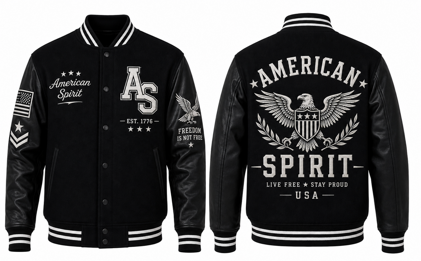 Black varsity-style bomber jacket shown from the front and back, with white embroidered including 'American Spirit,' large 'AS' lettering, an eagle emblem, and patriotic text on a white background.