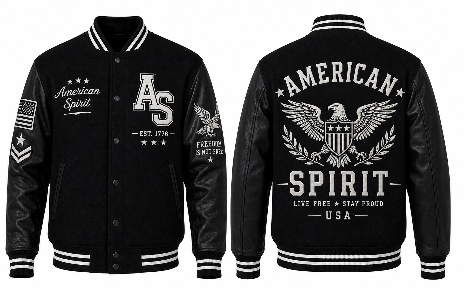 Black varsity-style bomber jacket shown from the front and back, with white embroidered including 'American Spirit,' large 'AS' lettering, an eagle emblem, and patriotic text on a white background.