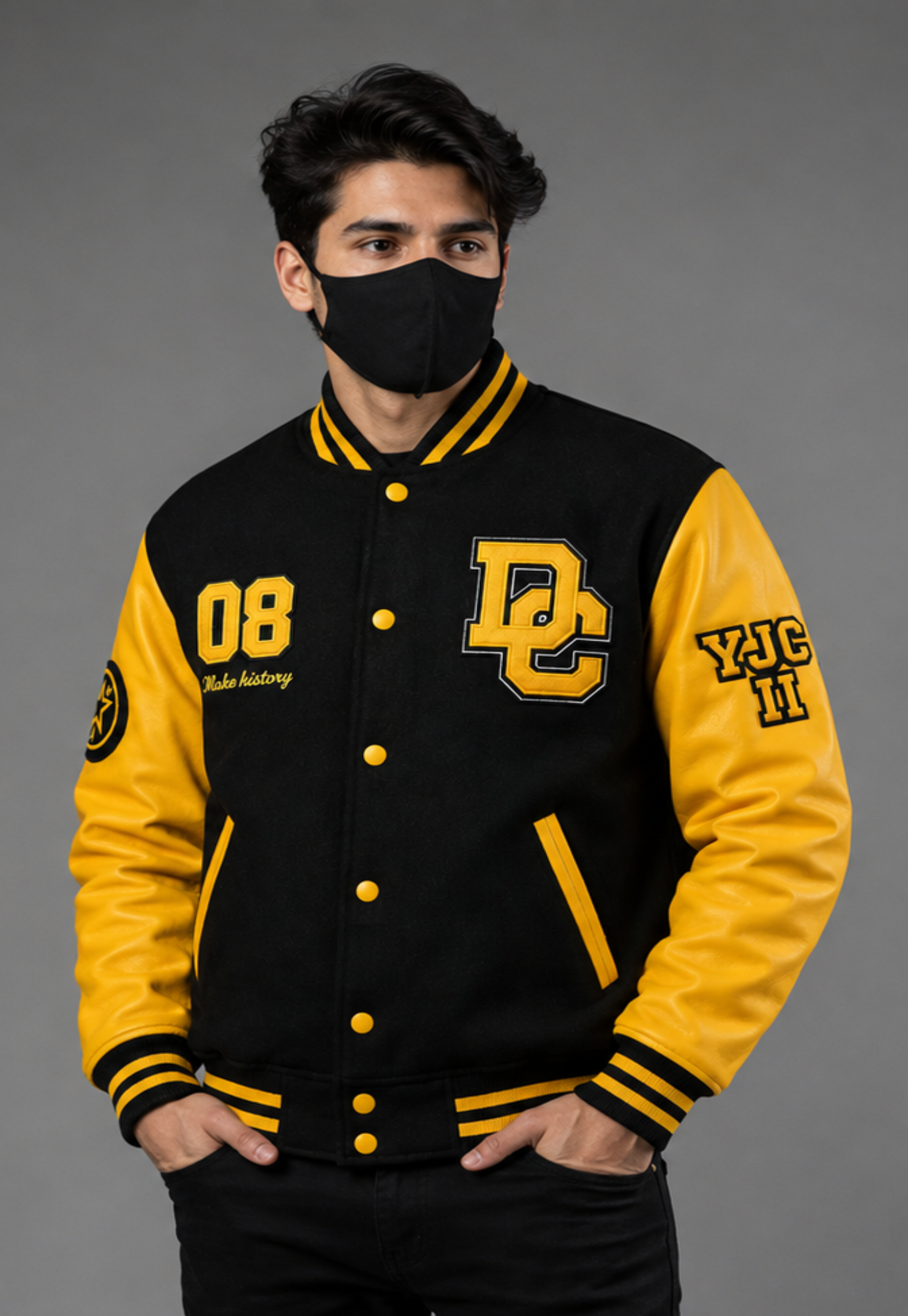 A man wearing a black and yellow varsity jacket with 'DC' and '08' patches, posed against a solid gray studio background.