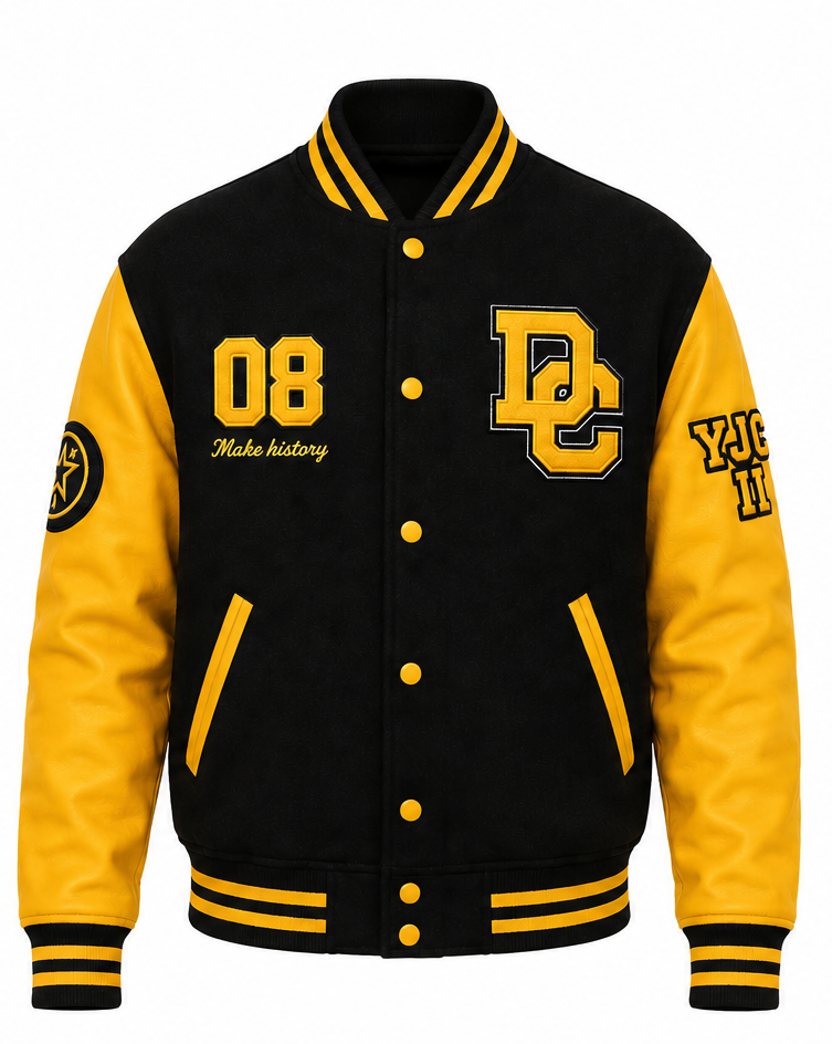 A varsity-style jacket with a black body and bright yellow sleeves, featuring yellow buttons, a large 'BC' monogram on the left chest, '08 Make history' on the right chest, and 'YU 11' on the right sleeve.