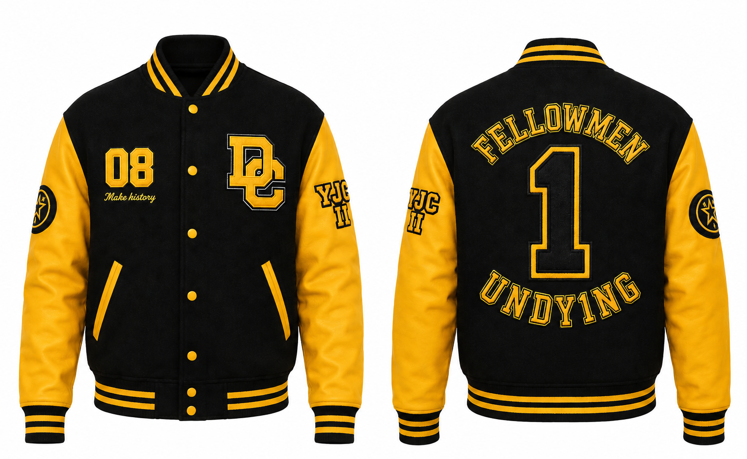 Front and back views of a varsity-style jacket in black and yellow. The front features a black body, yellow sleeves, yellow buttons, a large 'DC' monogram on the chest, and '08 Mike history' on the left chest.