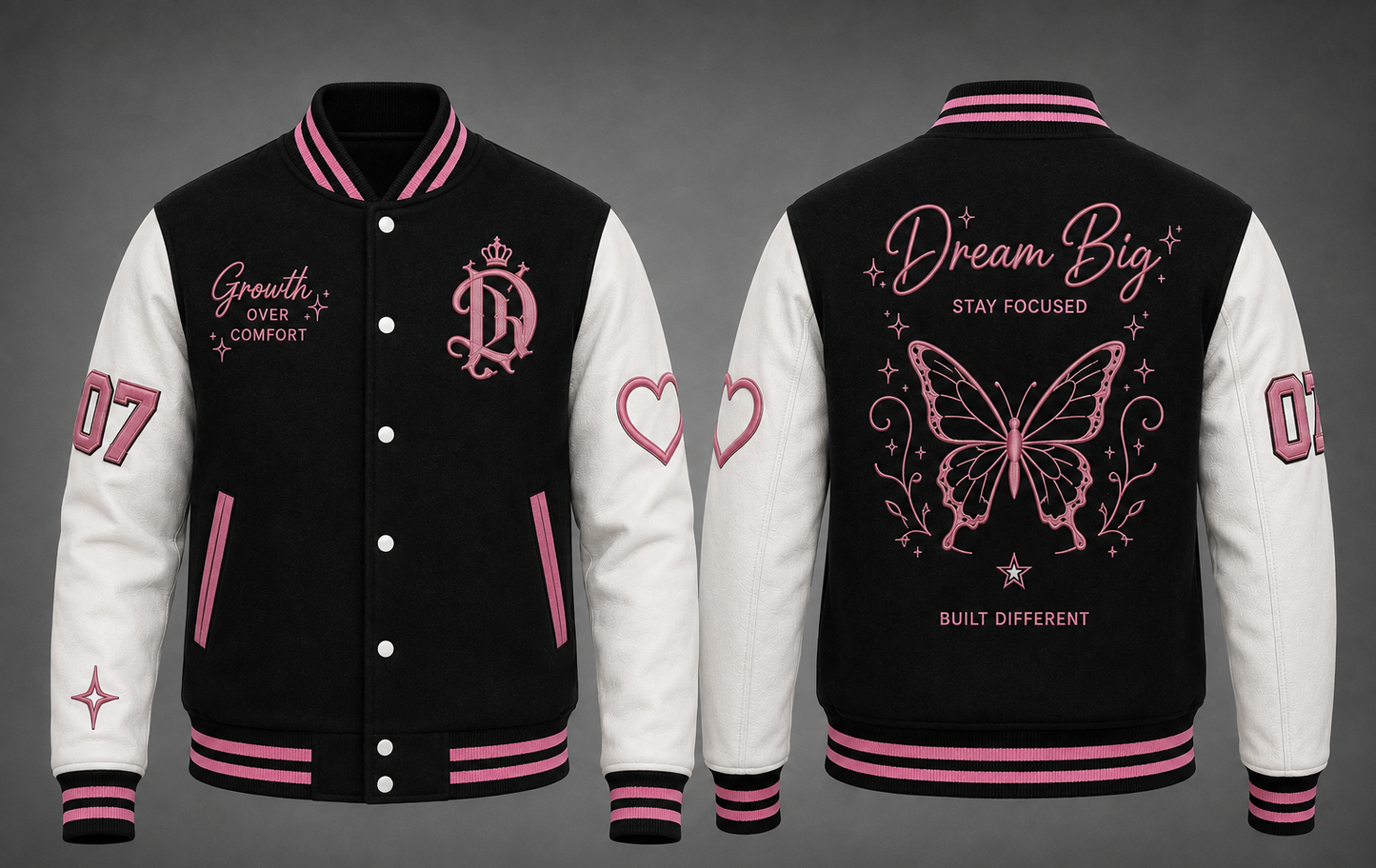 Black and white varsity jacket shown from the front and back, featuring pink accents, a butterfly graphic on the back, and motivational text.