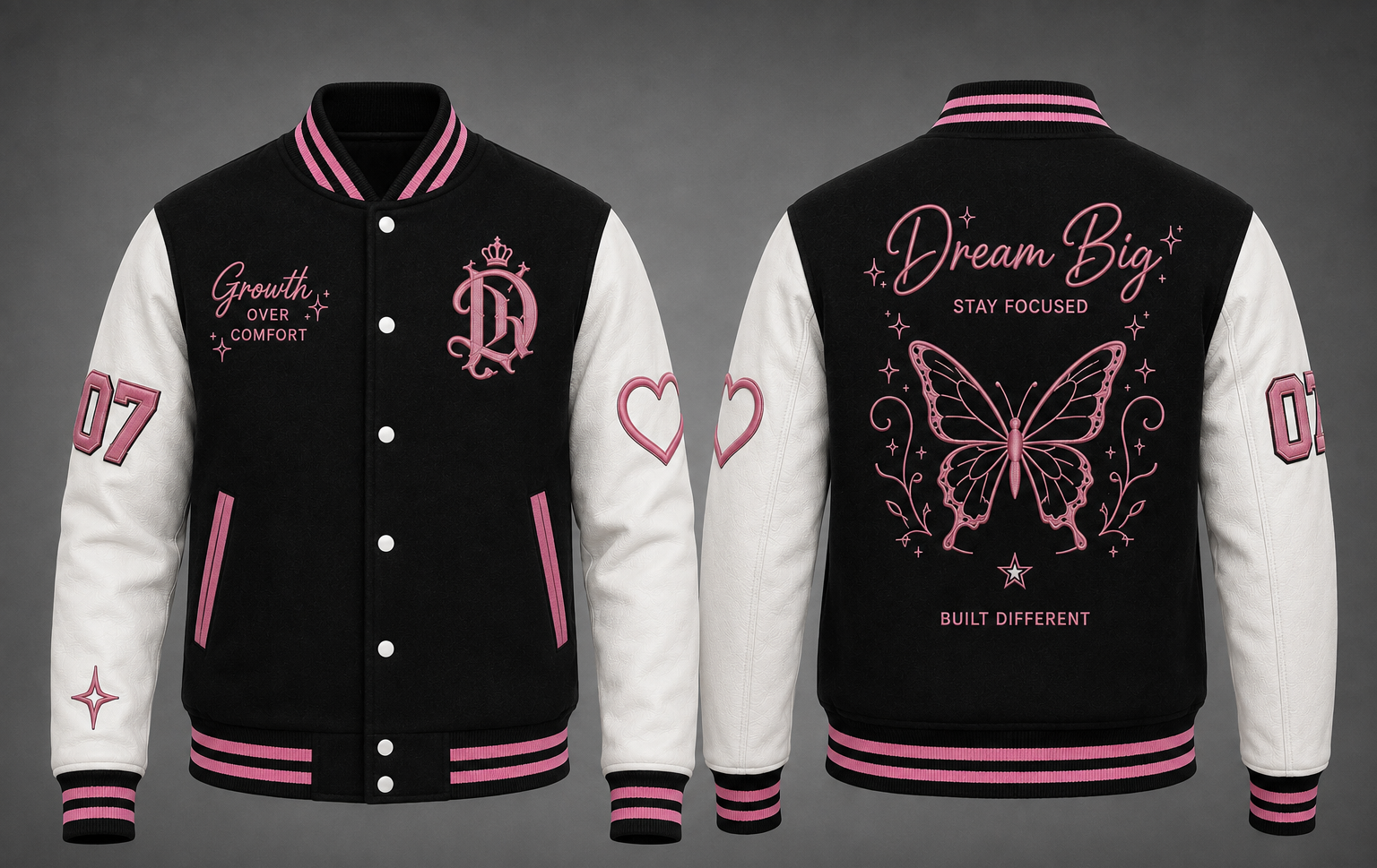 Black and white varsity jacket shown from the front and back, featuring pink accents, a butterfly graphic on the back, and motivational text.
