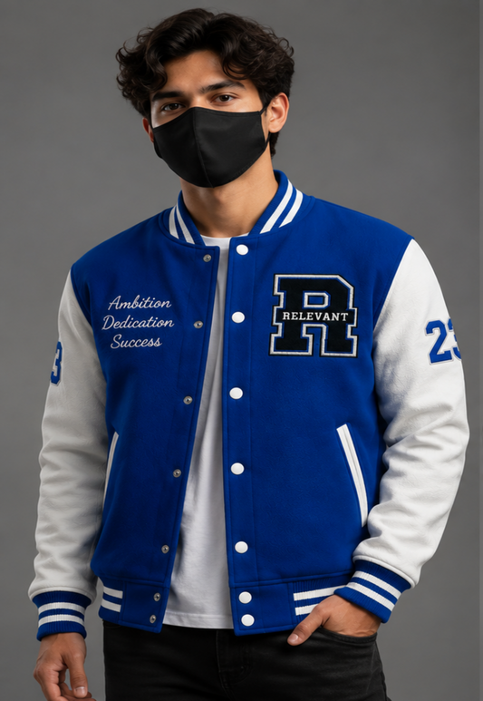 Relevant Royal Blue & White Varsity Jacket – Custom Letterman Jacket with Eagle Design Embroidered | Casual Streetwear Varsity Jacket
