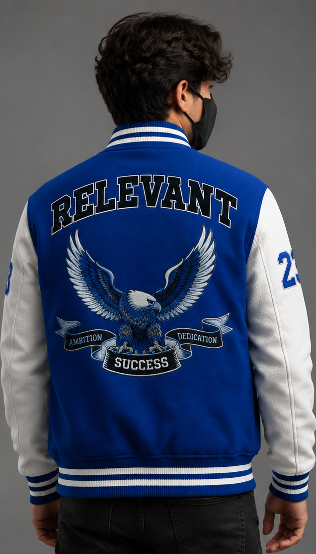 Relevant Royal Blue & White Varsity Jacket – Custom Letterman Jacket with Eagle Design Embroidered | Casual Streetwear Varsity Jacket