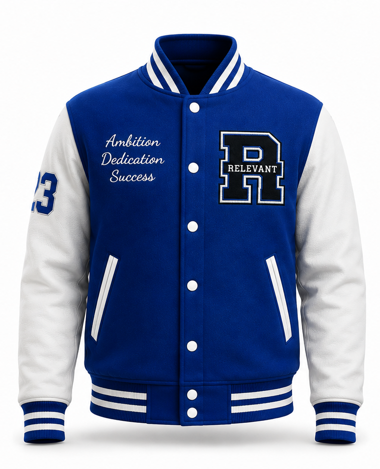 Relevant Royal Blue & White Varsity Jacket – Custom Letterman Jacket with Eagle Design Embroidered | Casual Streetwear Varsity Jacket