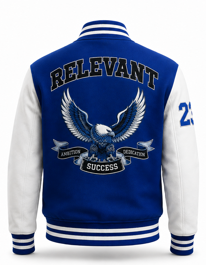 Relevant Royal Blue & White Varsity Jacket – Custom Letterman Jacket with Eagle Design Embroidered | Casual Streetwear Varsity Jacket