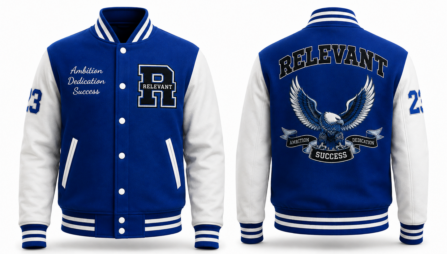 Relevant Royal Blue & White Varsity Jacket – Custom Letterman Jacket with Eagle Design Embroidered | Casual Streetwear Varsity Jacket