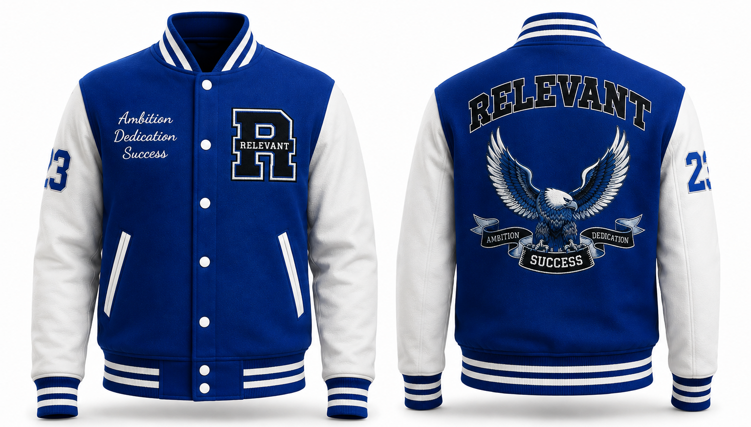 Relevant Royal Blue & White Varsity Jacket – Custom Letterman Jacket with Eagle Design Embroidered | Casual Streetwear Varsity Jacket
