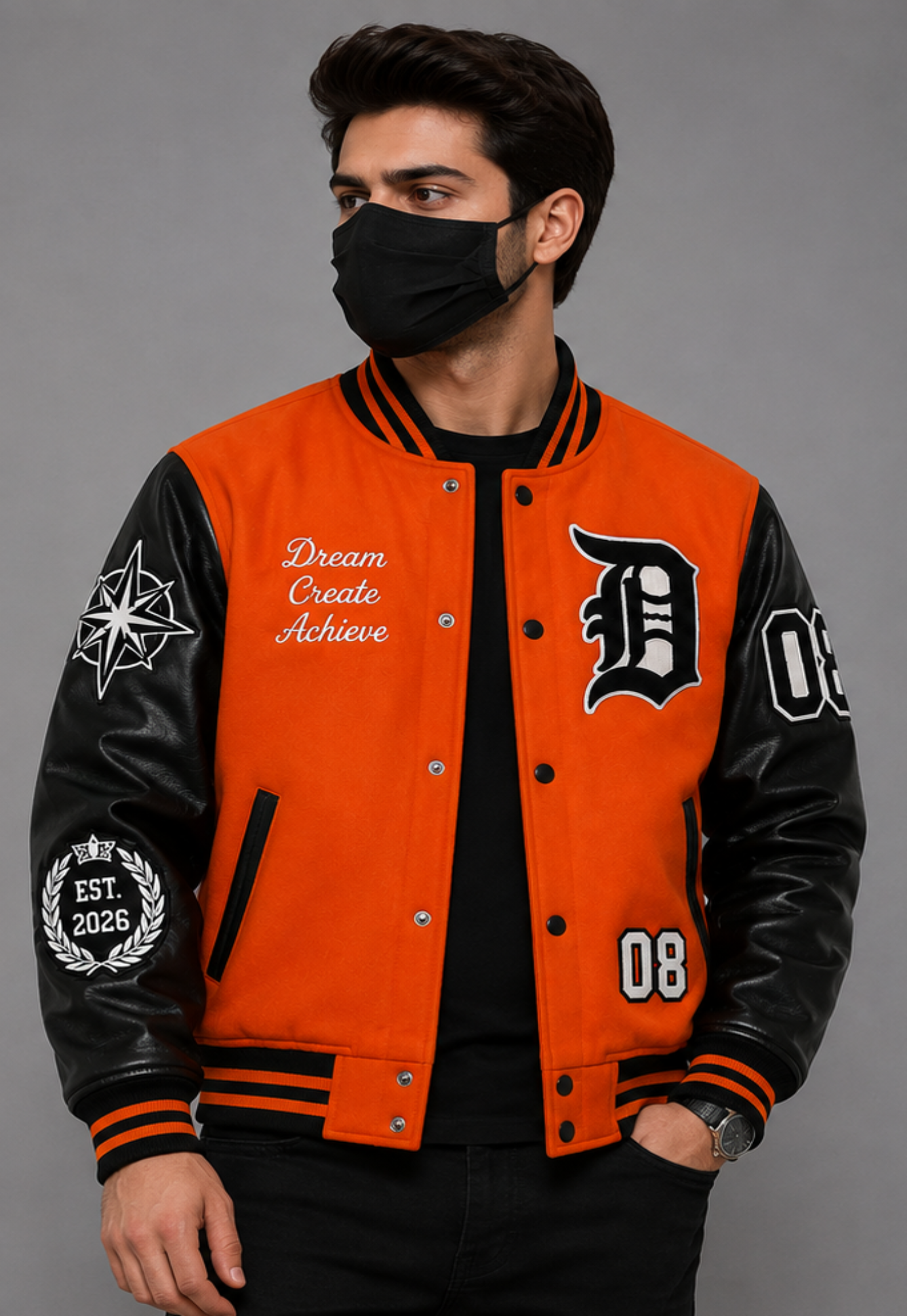 A man wearing a bright orange and black varsity-style bomber jacket with black leather sleeves, a black face mask, and a black shirt, standing against a solid gray studio background.