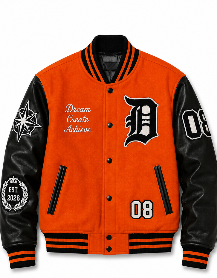 An orange and black varsity-style jacket with black leather-look sleeves, featuring a large black 'D' logo on the left chest, white script text reading 'Dream Create Achieve' on the right chest, and '08' printed on the lower front and sleeve.