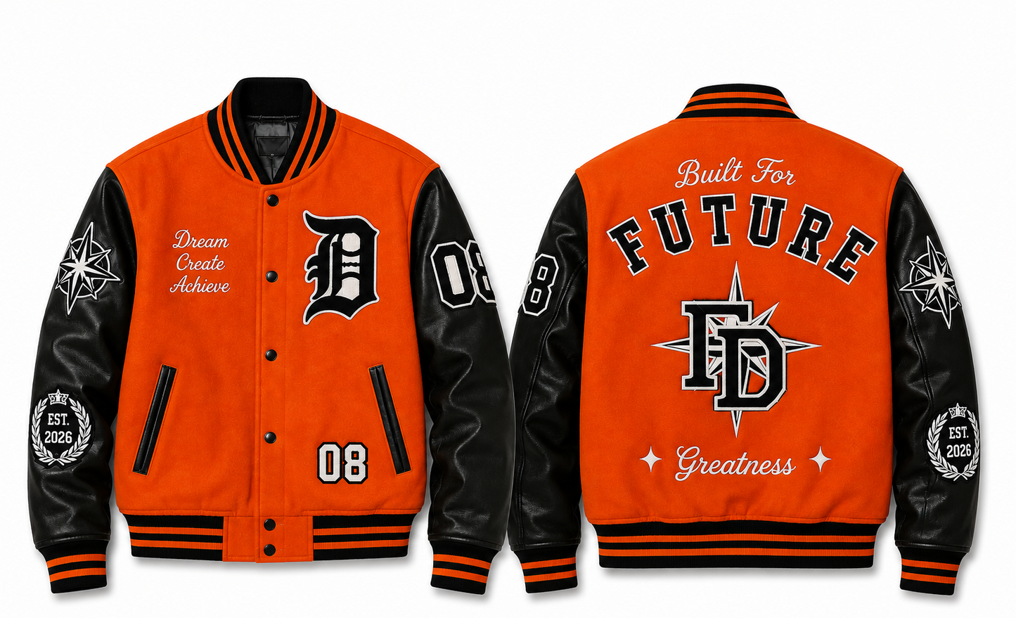 Front and back views of an orange and black varsity letter jacket with collegiate-style embroidery, including a large 'D' logo on the front chest, 'Built For FUTURE' text on the back, and black leather-look sleeves.