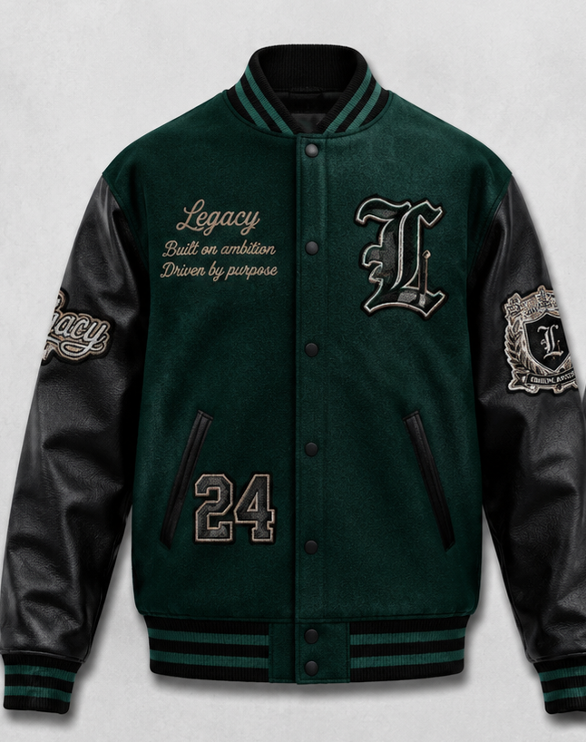 A dark green varsity-style jacket with black leather sleeves, featuring embroidered details including a large 'L' letter on the chest, the word 'Legacy' with a quote on the left chest, a '24' on the lower left front, and additional sleeve patches, shown against a light gray background.