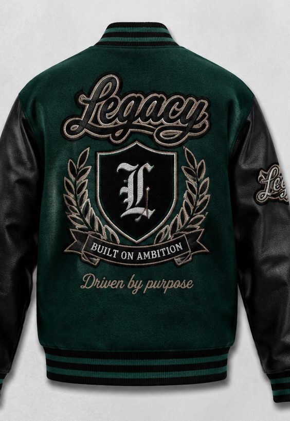 Back view of a dark green varsity-style jacket with black sleeves, featuring large embroidered 'Legacy' lettering, a crest with laurel branches, and the phrases 'Built on Ambition' and 'Driven by purpose' on a light gray background.