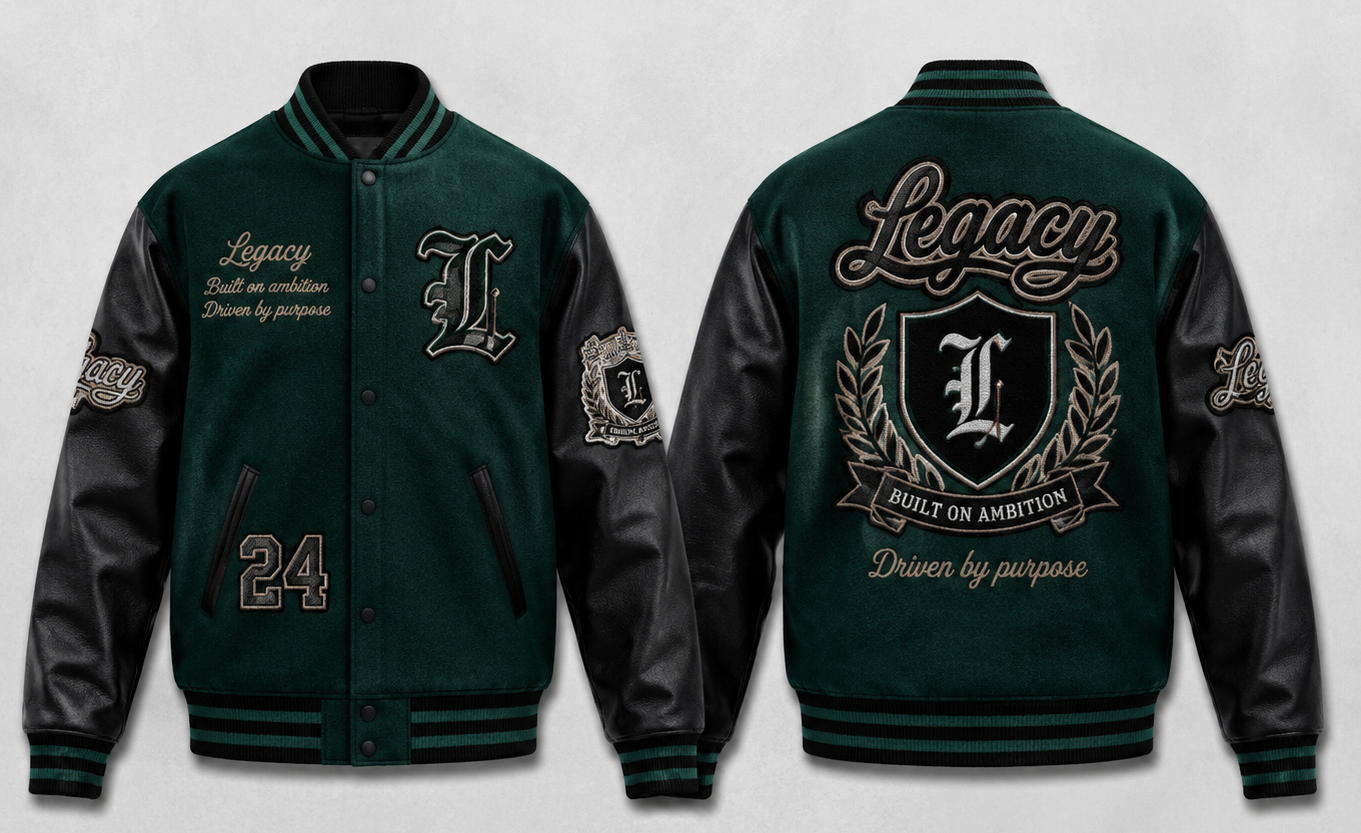 Front and back views of a dark green varsity-style jacket with black leather sleeves and black ribbed trim. The jacket features white and beige collegiate-style embroidery, including a large letter 'L' on the chest, 'Legacy' text, a crest with laurel branches on the back, and the number '24' on the front pocket area.