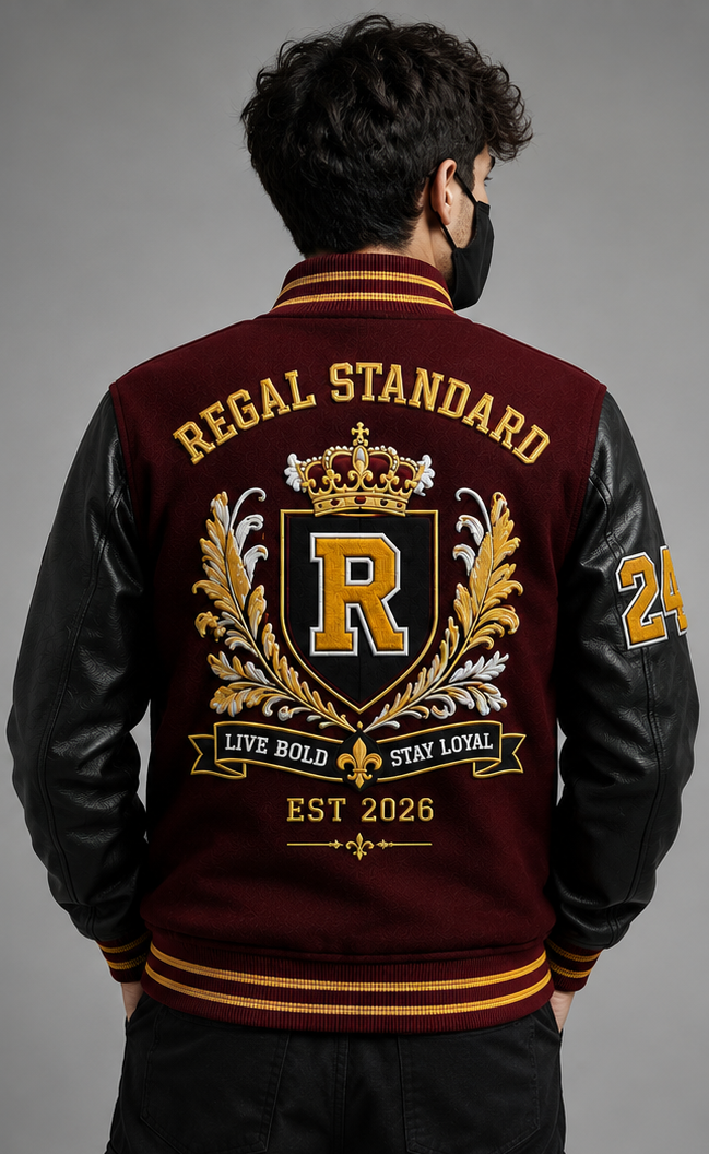 A man viewed from behind wearing a maroon and black varsity-style jacket with a large gold, black, and white crest graphic on the back. The jacket has black leather sleeves, ribbed trim, and the text 'REGAL STANDARD' and 'LIVE BOLD STAY LOYAL EST 2026' on the back.