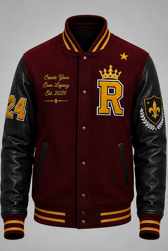 A custom varsity jacket with a maroon wool body, black leather sleeves, and gold and white accents. The jacket features a large gold letter 'R' with a crown on the chest, a fleur-de-lis shield on the right sleeve, and custom text on the left chest.