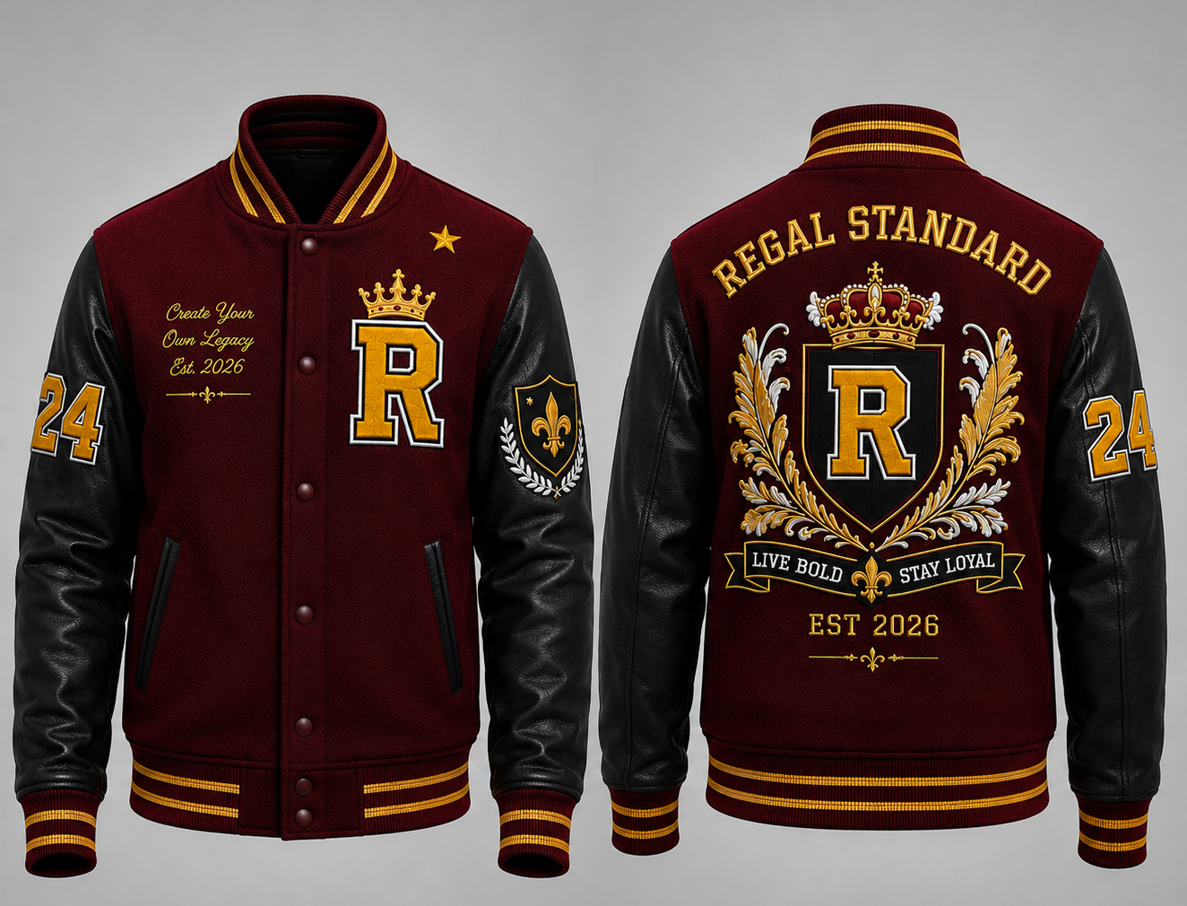Front and back views of a custom varsity jacket in maroon and black with gold embroidery, featuring a large letter 'R' with a crown, laurel wreath, and decorative text on the back.