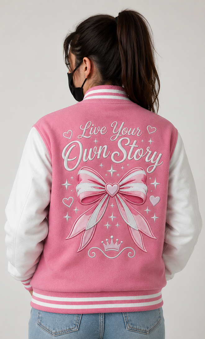 A person shown from the back wearing a pink and white varsity-style jacket with large embroidered text reading 'Live Your Own Story' and a pink bow embroidery on the back, against a plain light gray studio background.