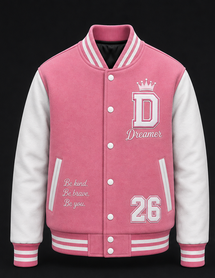 A pink and white varsity-style jacket with a pink faux-suede body and white sleeves. The front features a large white embroidered letter 'D' with a crown above it, the word 'Dreamer' below, and the number '26' near the lower right front.