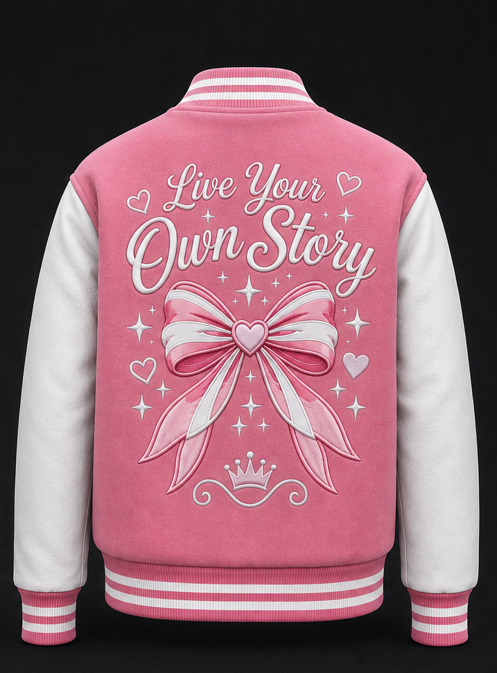 Pink and white varsity jacket shown from the back, featuring the phrase 'Live Your Own Story' in white script, a large pink bow embroidery, small hearts, stars, and a crown motif on a black background.