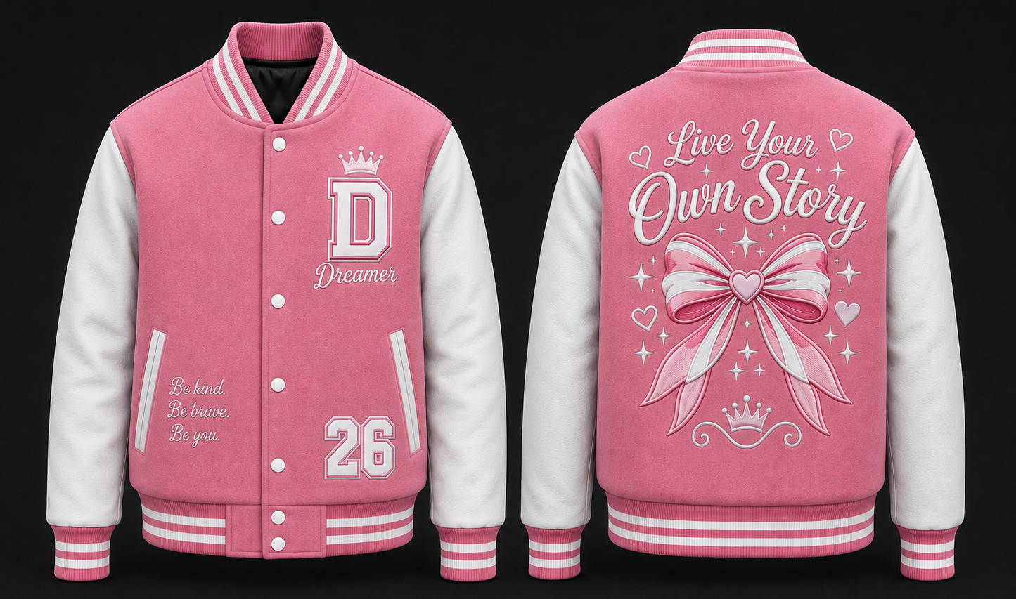 A pink and white varsity jacket shown from both the front and back against a black background. The front features a pink body with white sleeves, a white 'D Dreamer' logo with a crown, and the number '26'.