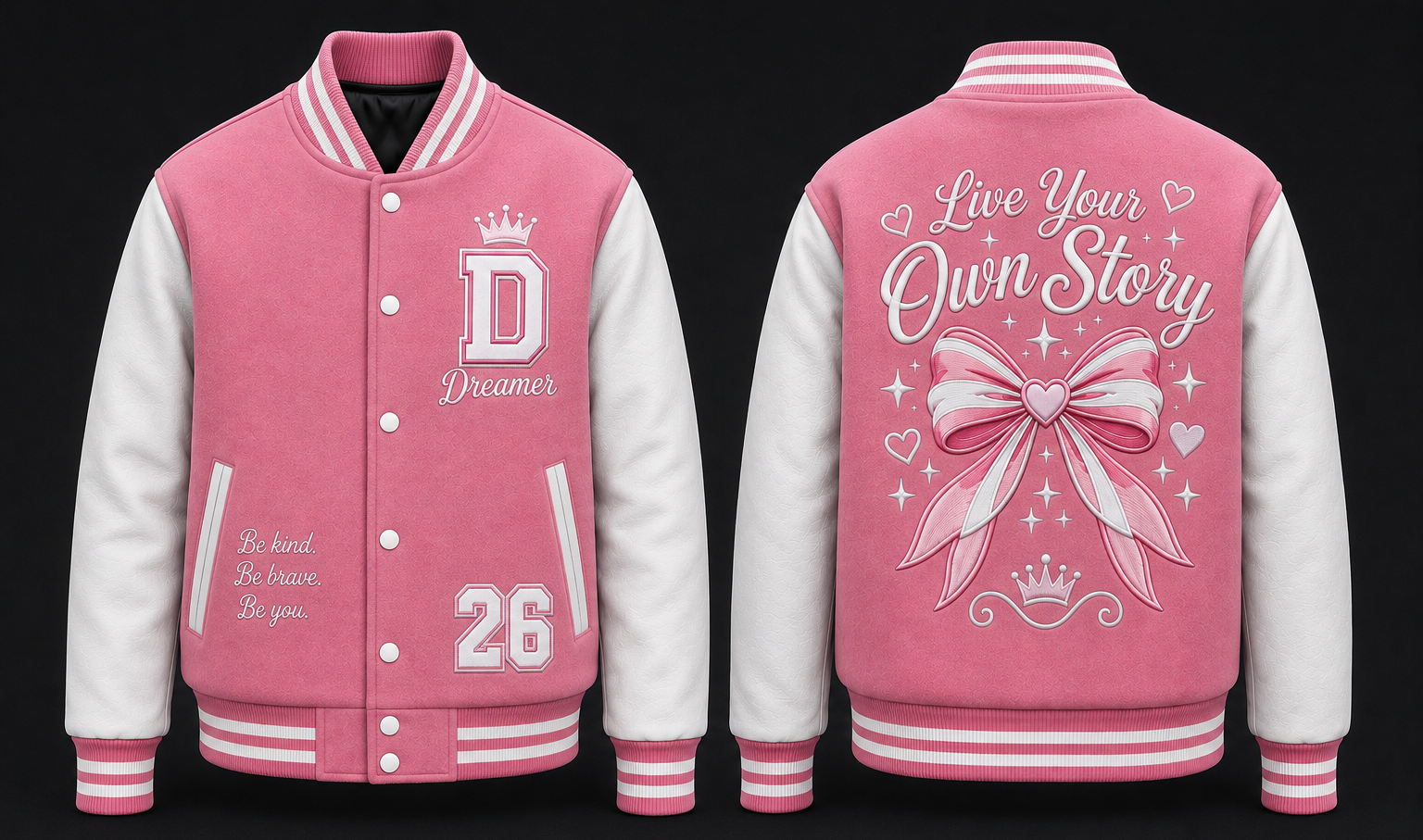 A pink and white varsity jacket shown from both the front and back against a black background. The front features a pink body with white sleeves, a white 'D Dreamer' logo with a crown, and the number '26'.