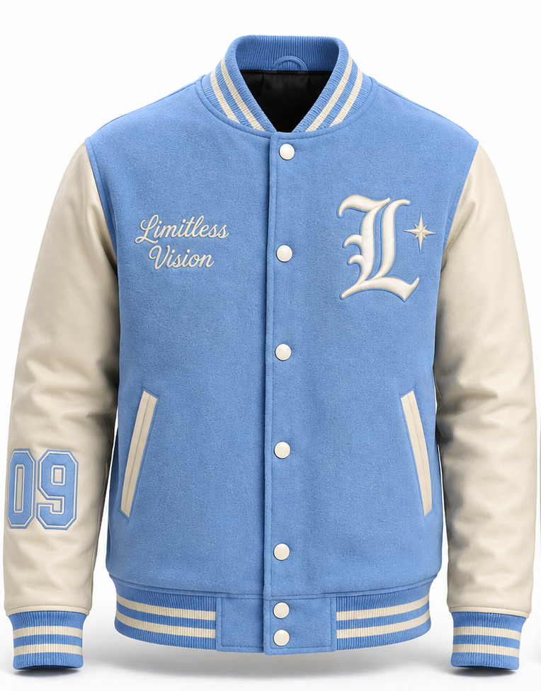 A sky blue and white varsity-style letter jacket with a white button closure, ribbed collar, cuffs, and hem, featuring embroidered text and monogram details on the chest and sleeve.