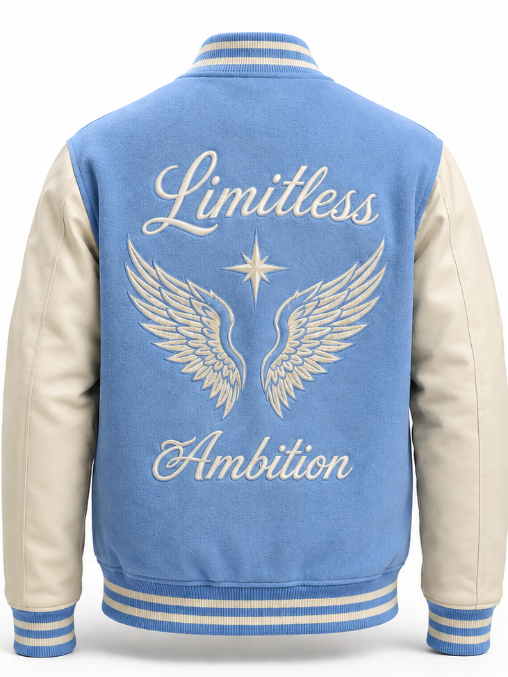 The back of a sky-blue and white varsity-style jacket featuring 'Limitless Ambition' and angel wings embroidered on the back, shown on a white background.
