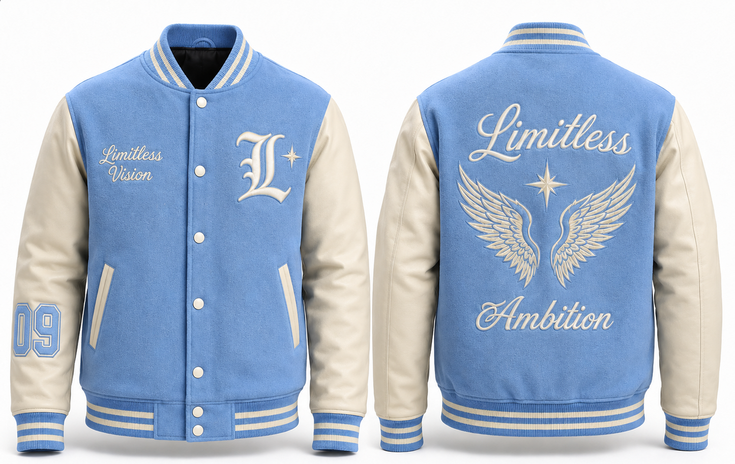 Front and back views of a varsity-style bomber jacket. The jacket has a sky blue body with white-colored sleeves, collar, and ribbed trim.