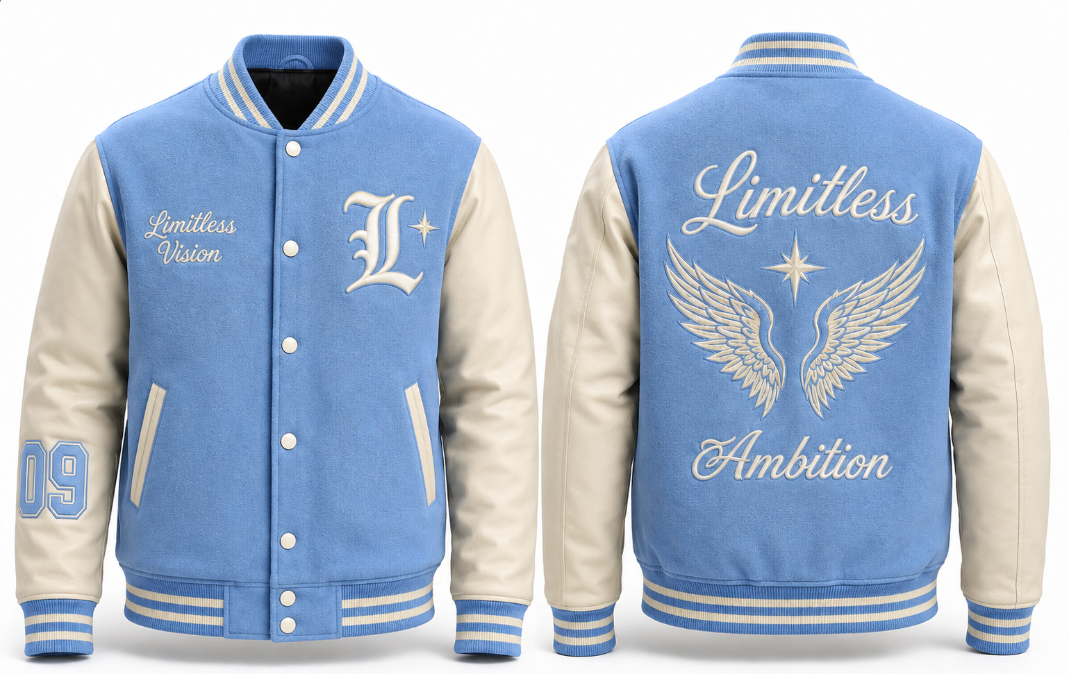 Front and back views of a varsity-style bomber jacket. The jacket has a sky blue body with white-colored sleeves, collar, and ribbed trim.