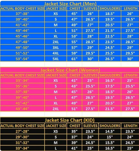 Size chart for jackets with measurements for men, women, and kids on different color backgrounds.