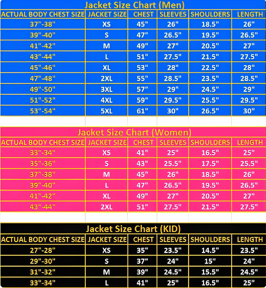 Size chart for jackets with measurements for men, women, and kids.