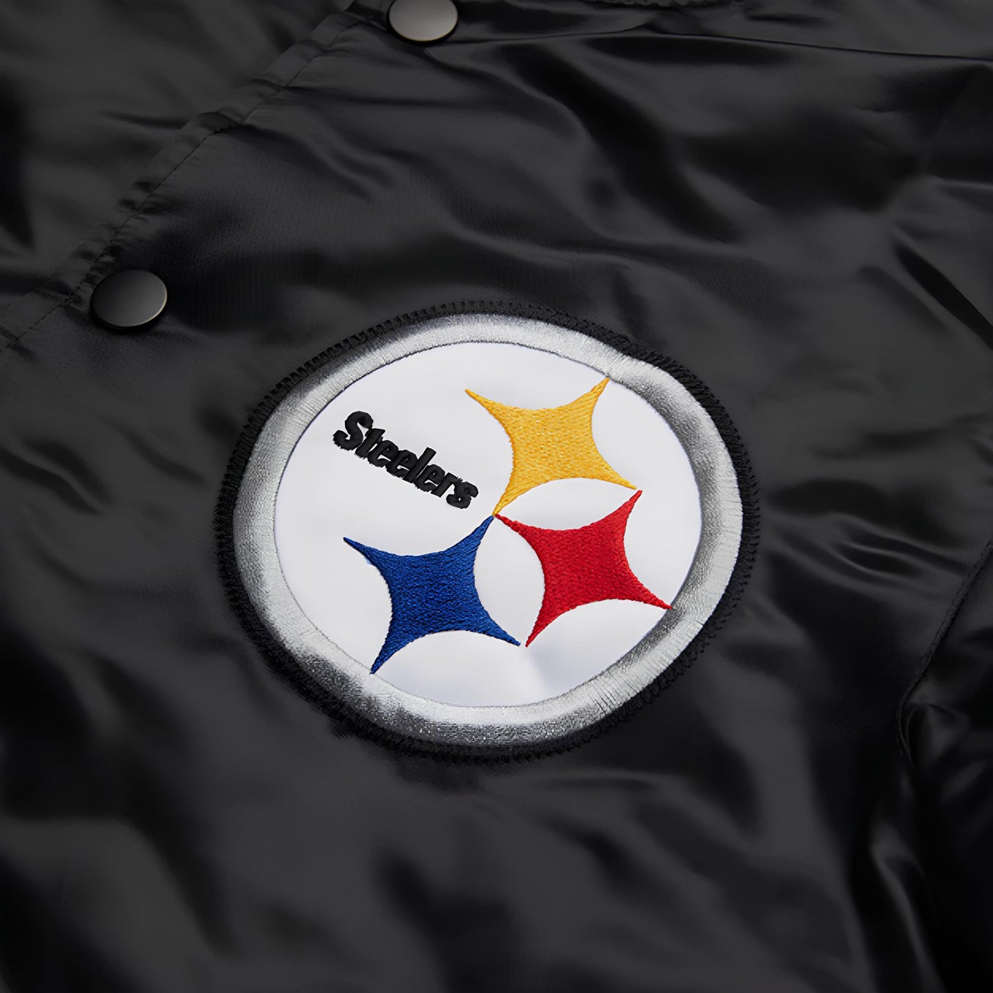 Pittsburgh Steelers Black jacket with a colorful logo patch featuring the word 'Steelers'.