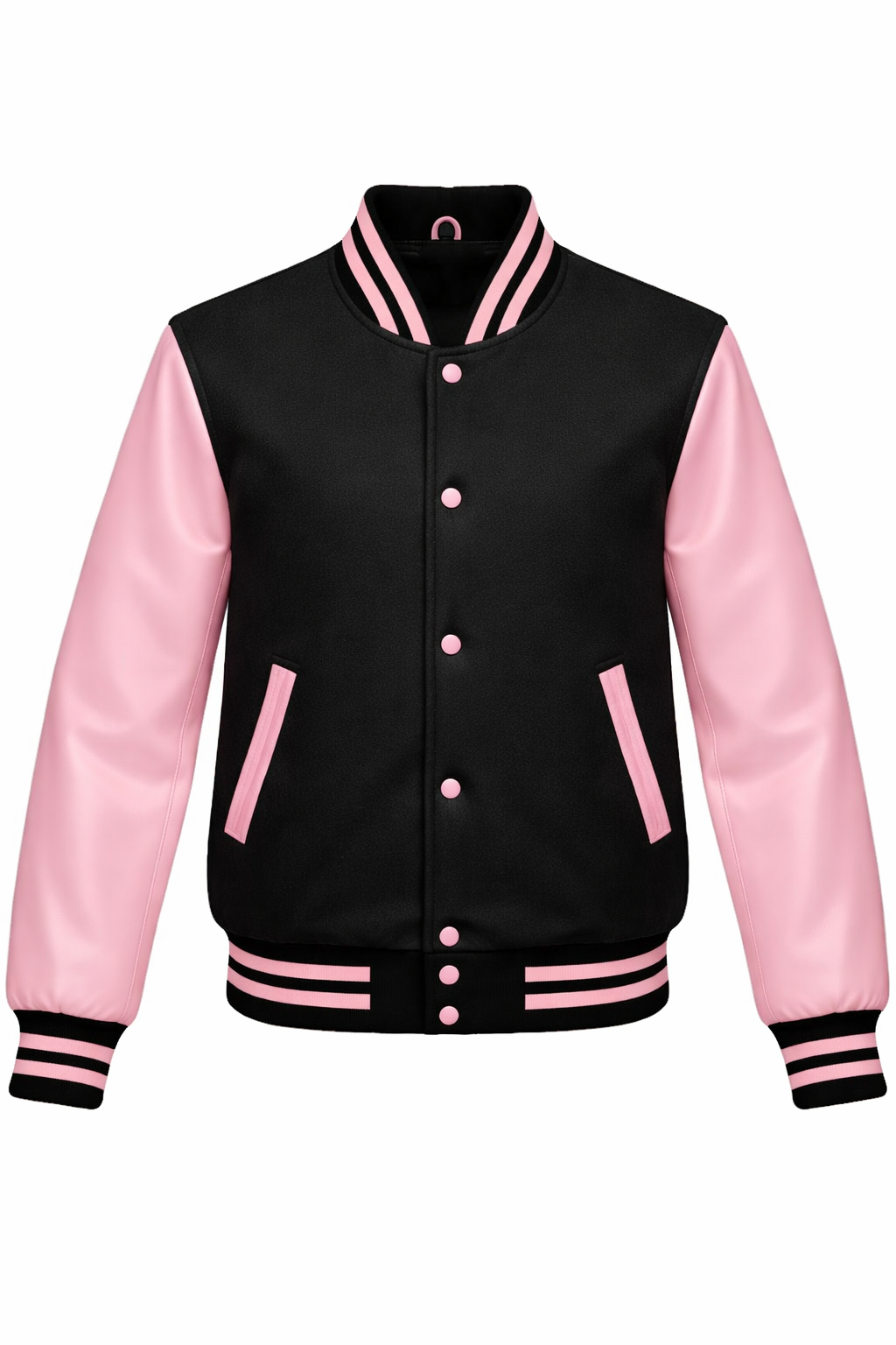 Black and pink varsity jacket on a white background