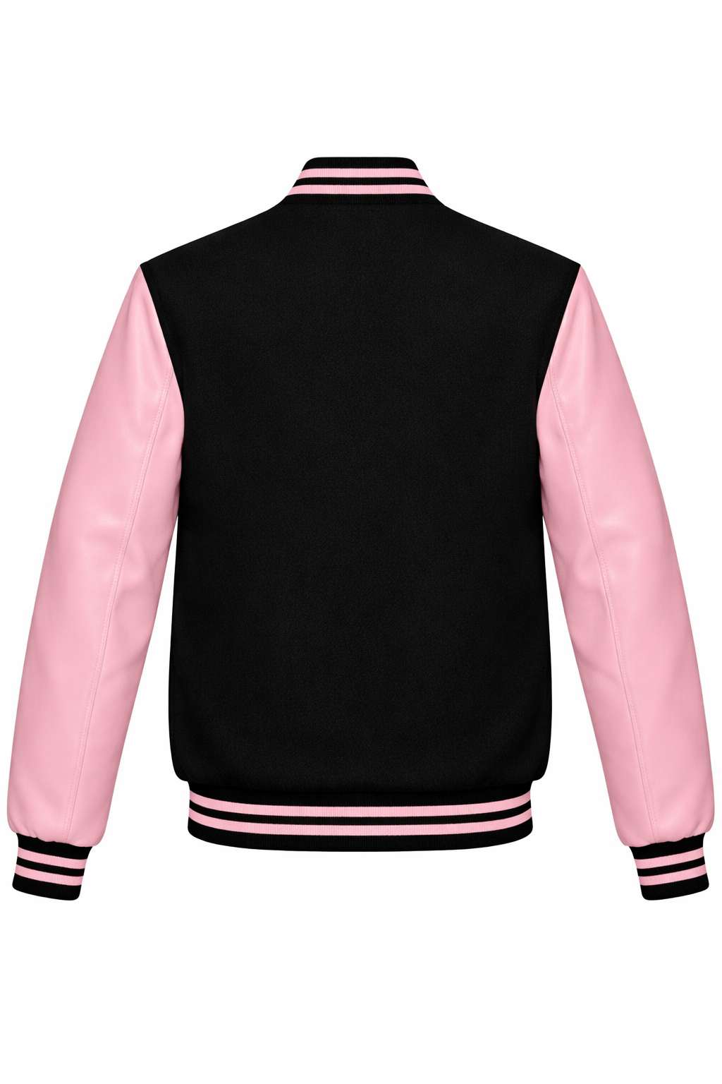 Black and pink varsity jacket on a white background