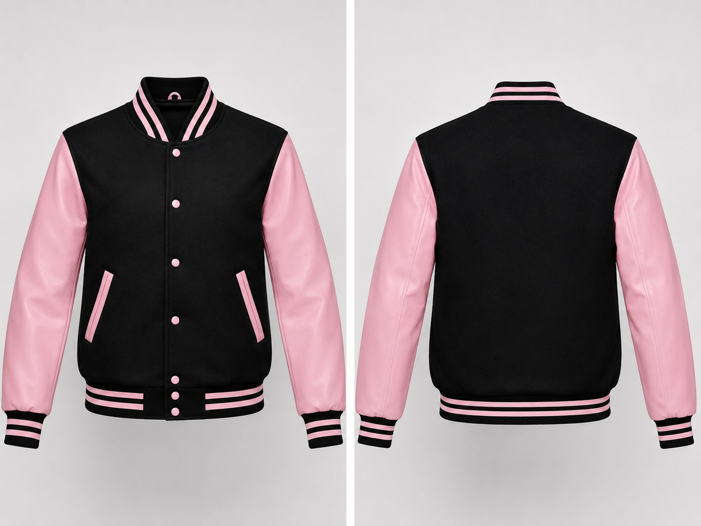 Black and pink varsity jacket shown from front and back on a light gray background