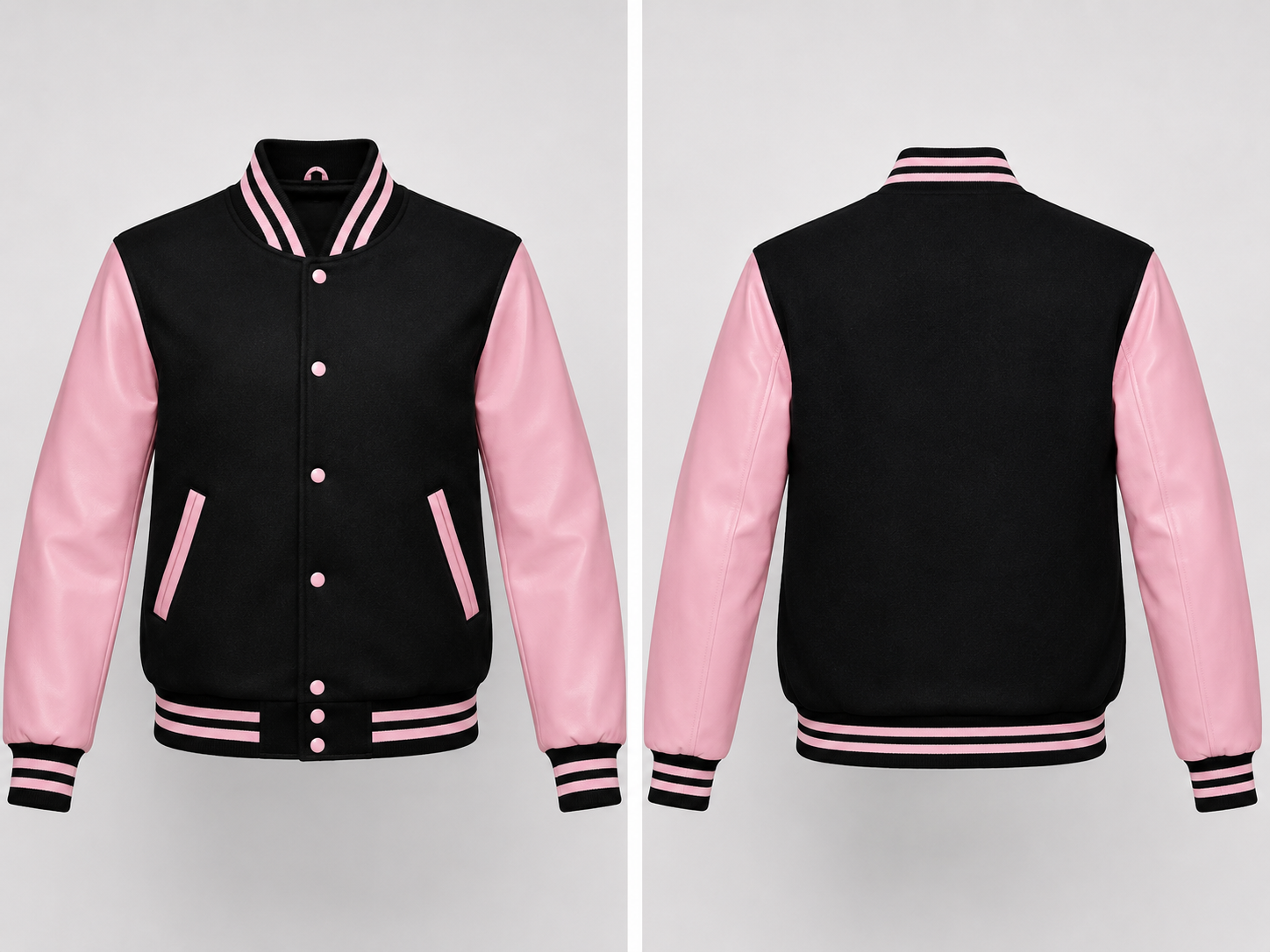 Black and pink varsity jacket shown from front and back on a light gray background