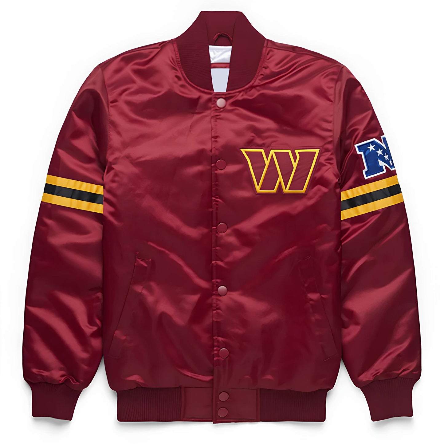Maroon bomber jacket with 'Washington Commanders' logo on the front.