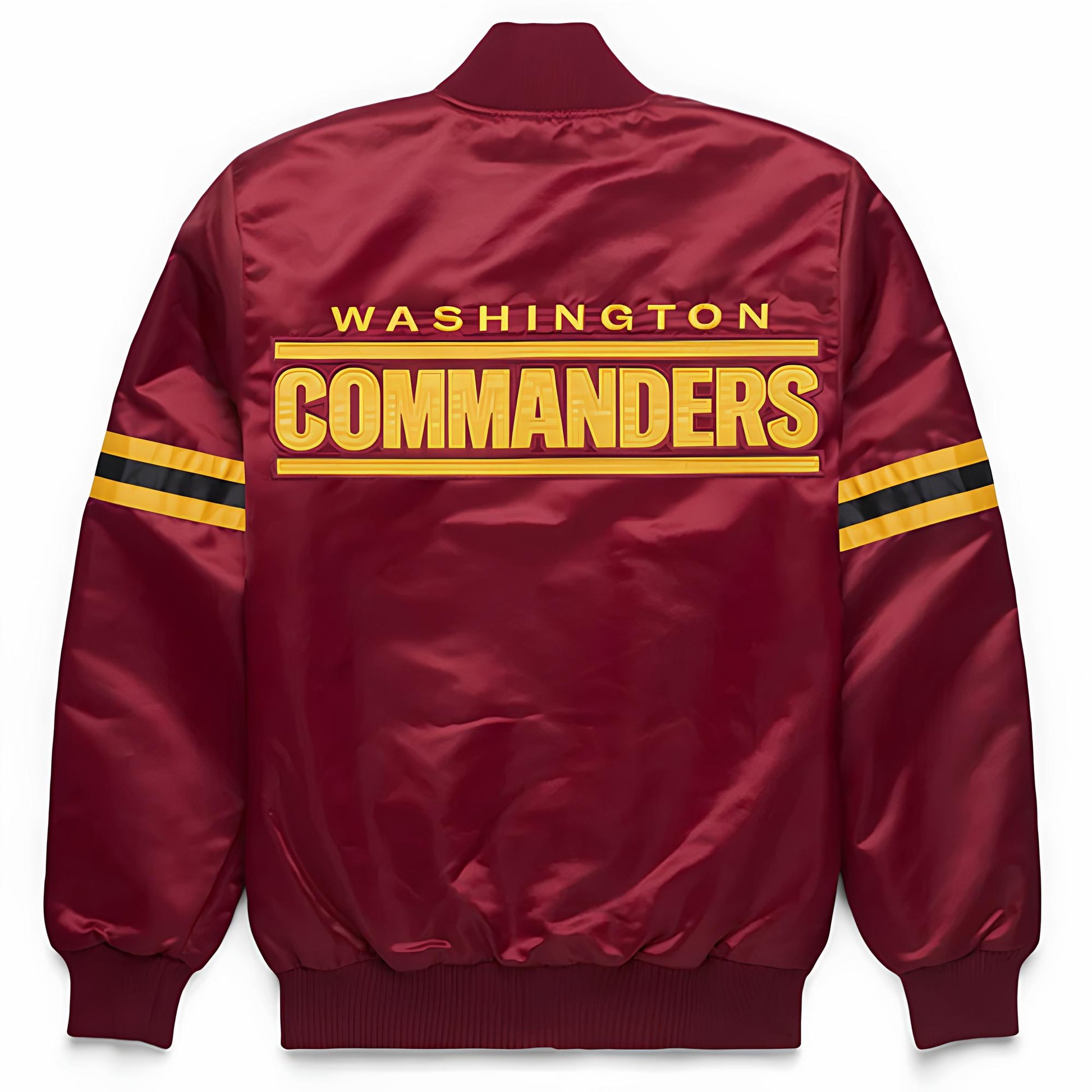 Maroon jacket with 'Washington Commanders' text on the back, displayed against a white background.