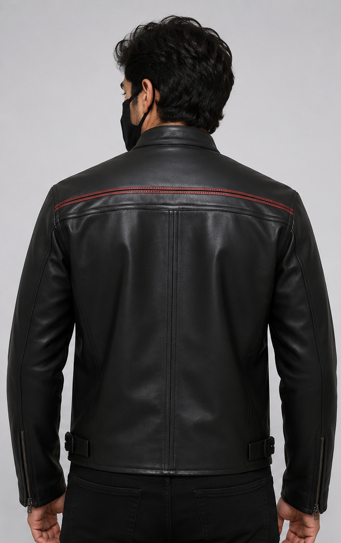 A man viewed from the back wearing a black leather jacket with thin maroon contrast stitching across the shoulders, set against a plain light gray studio background.