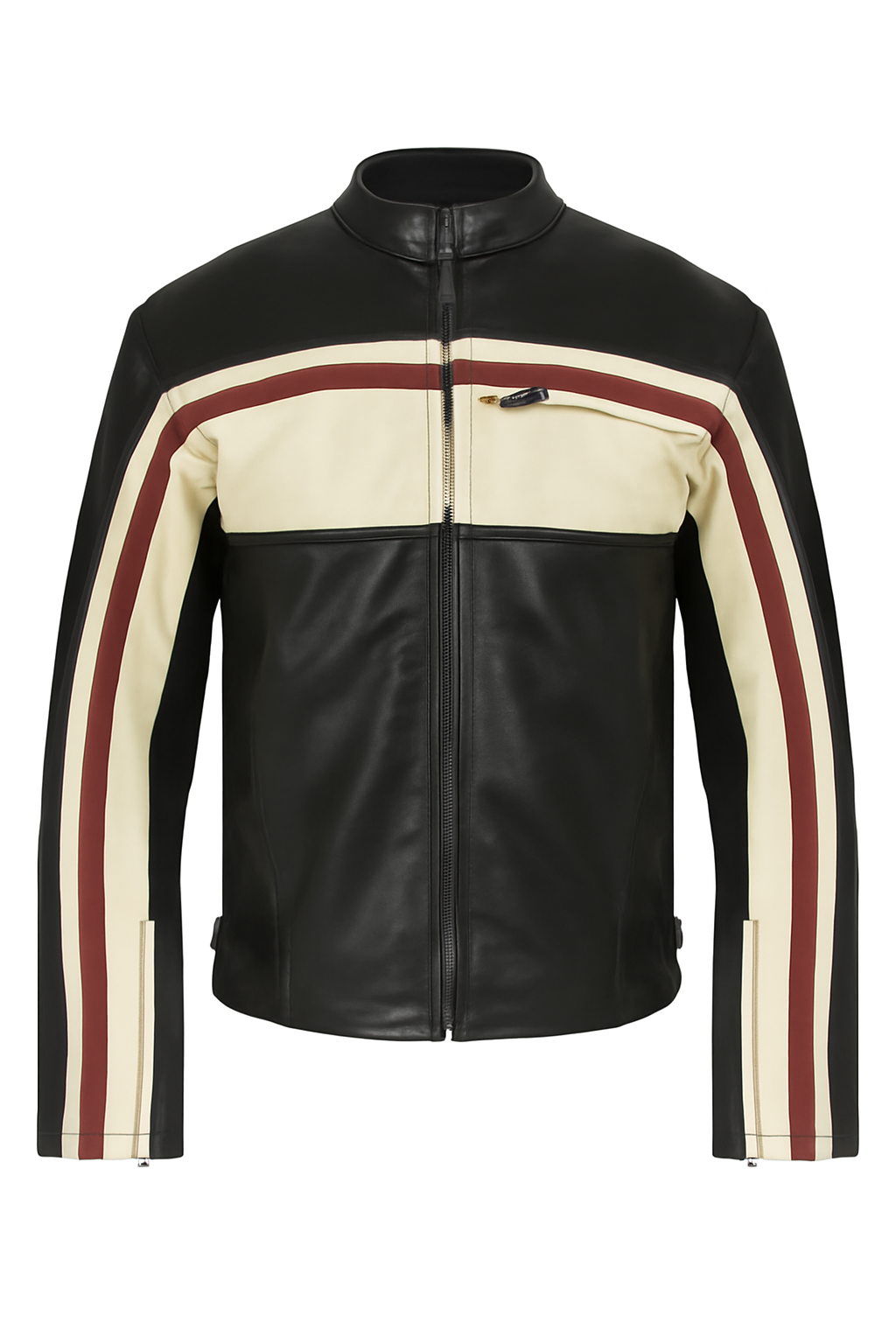 A black leather motorcycle jacket with cream and maroon color-blocked stripes on the chest and sleeves, shown against a plain white background.