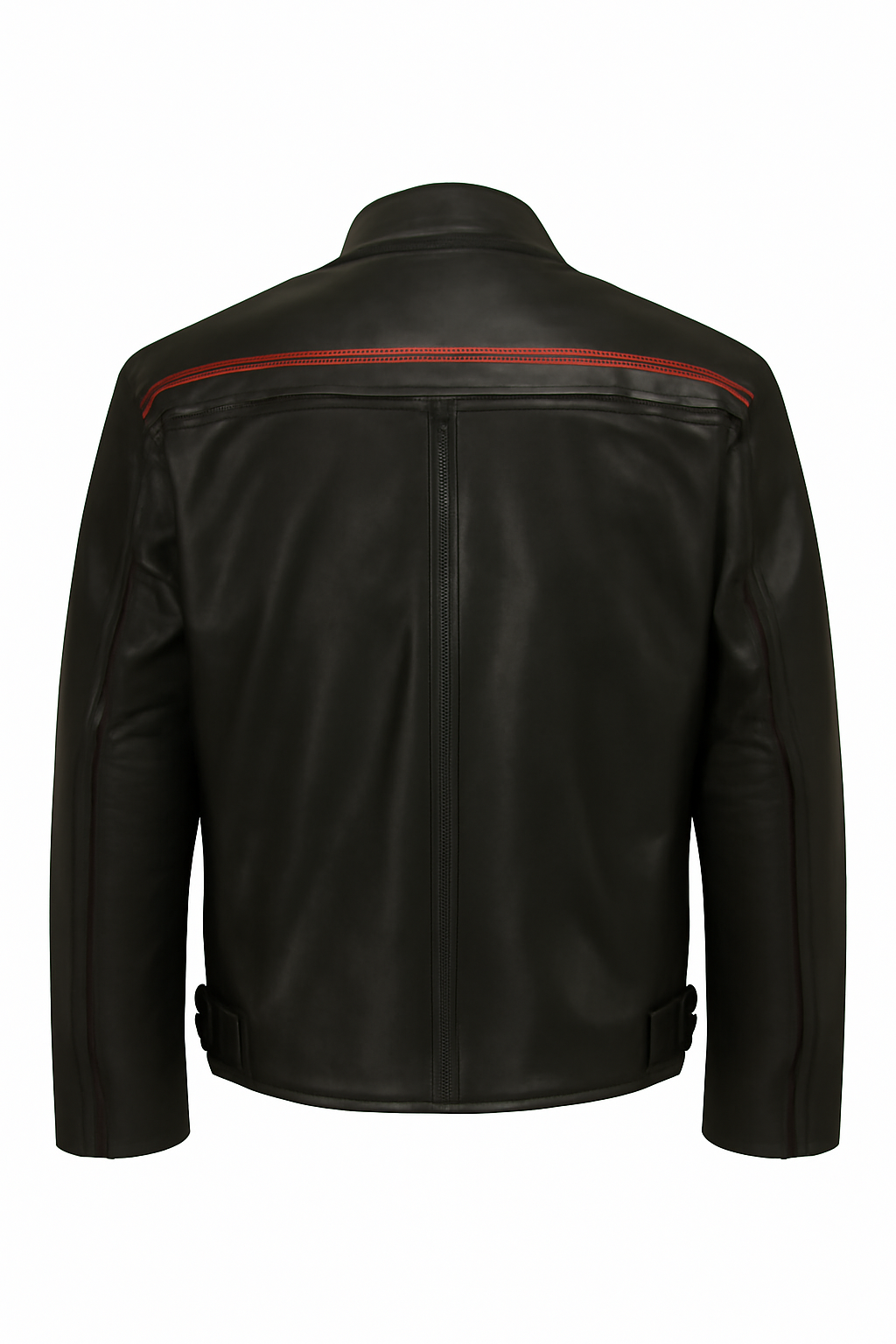 Black leather jacket shown from the back, featuring a maroon accent stripe across the upper shoulders and a central vertical zipper.